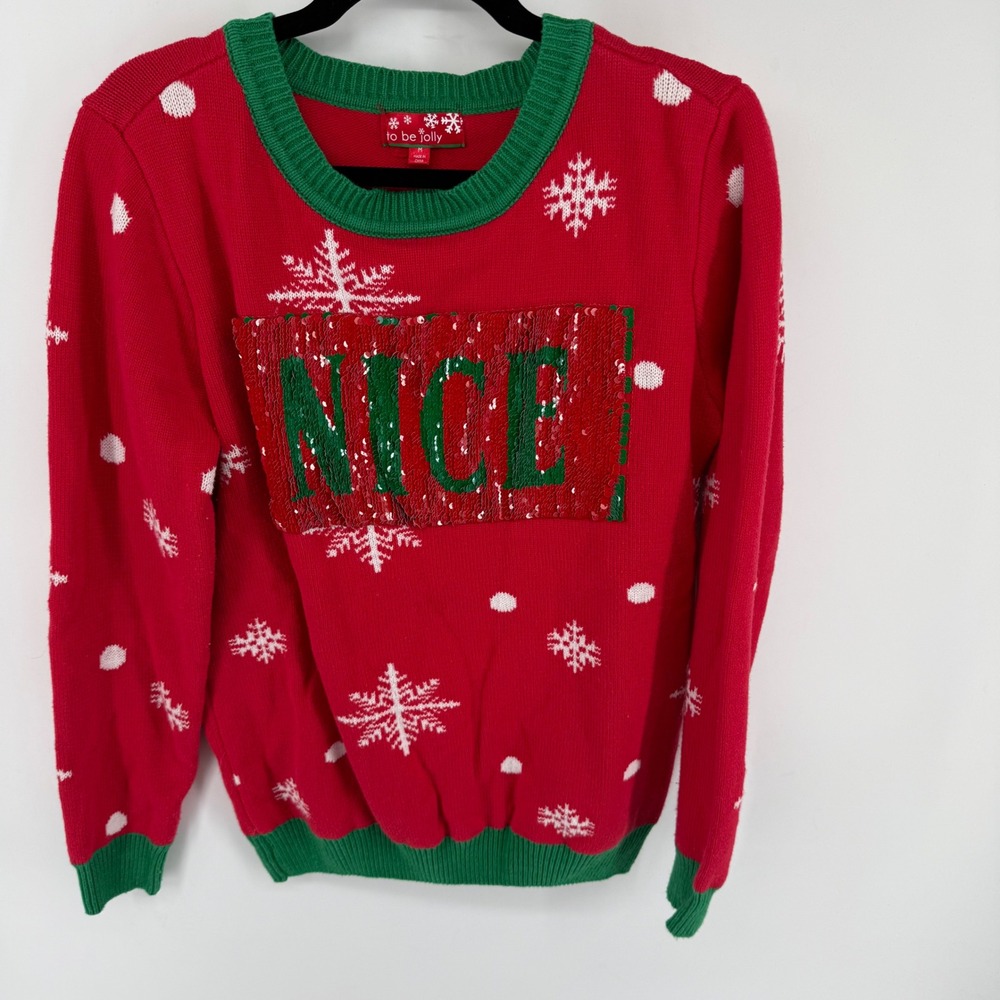 To Be Jolly Ugly Christmas Sweater Womens M Red Reversible Sequin Naughty Nice